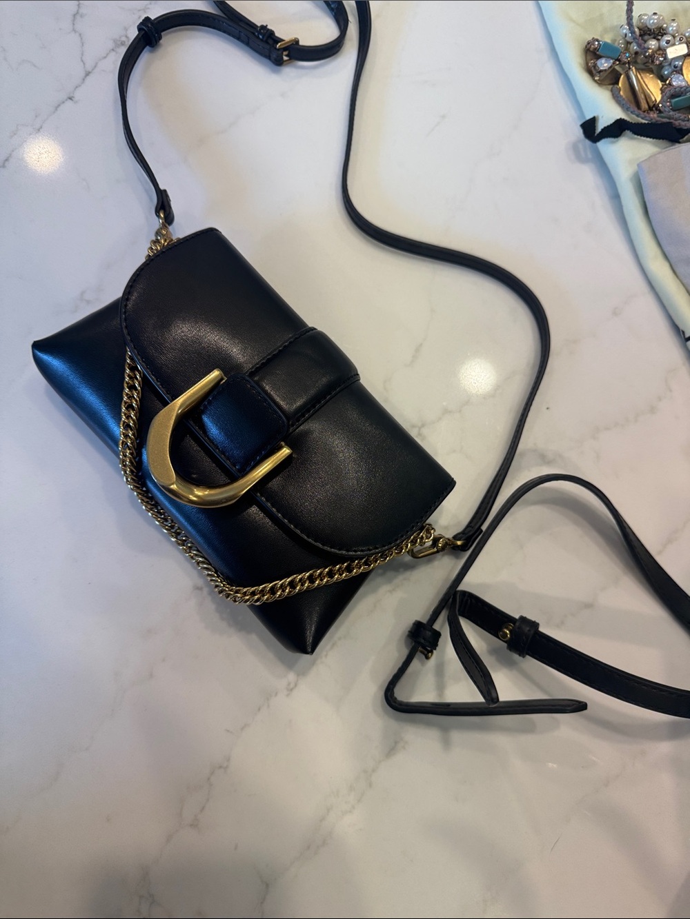 Viral Charles and Keith Black Leather Crossbody Bag with Gold Chain Accent